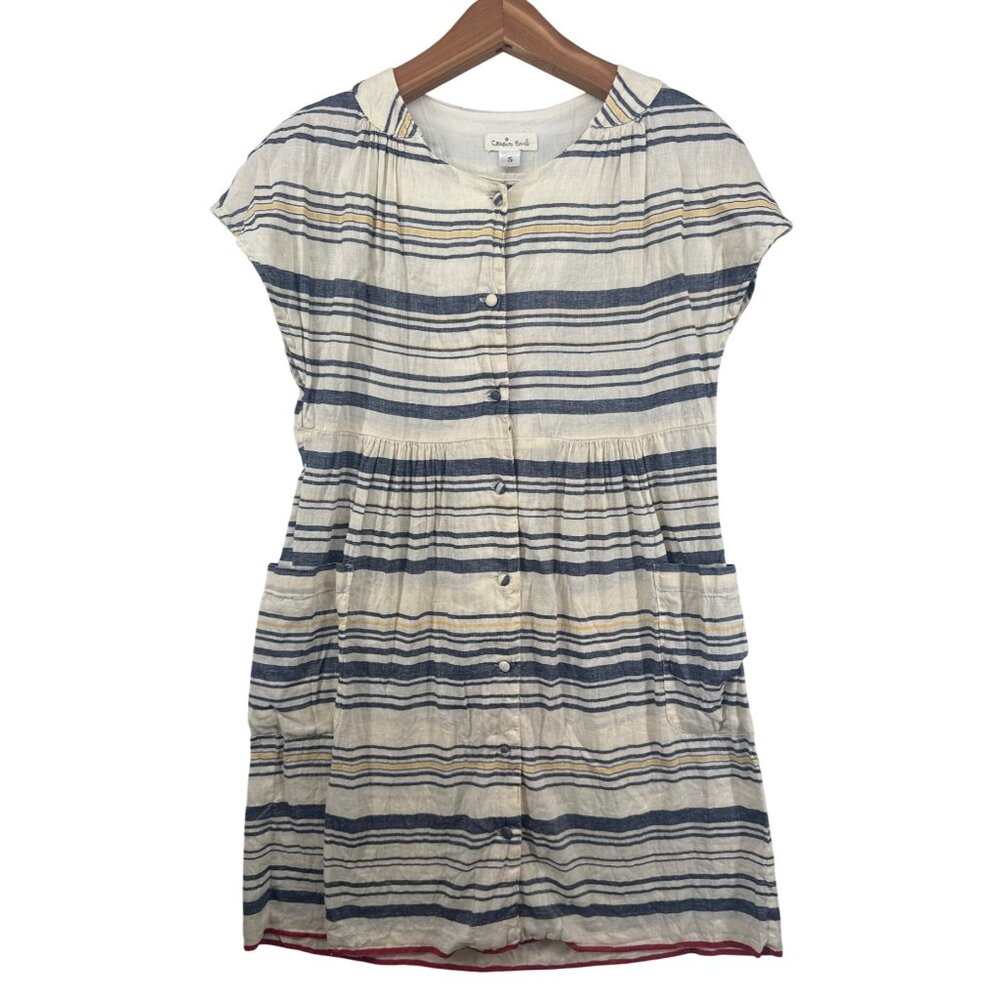 Cousin Earl Dress Sz S Beige Striped Short-Slv Cotton/Linen Beachy Retro Casual